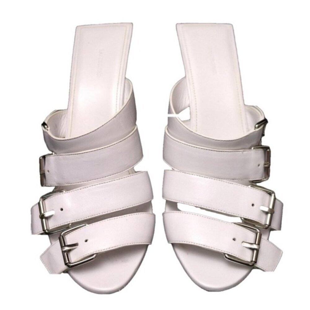 Balenciaga White Buckle Leather Open Toe Mules Stiletto Heel Silver 10 US 40 IT